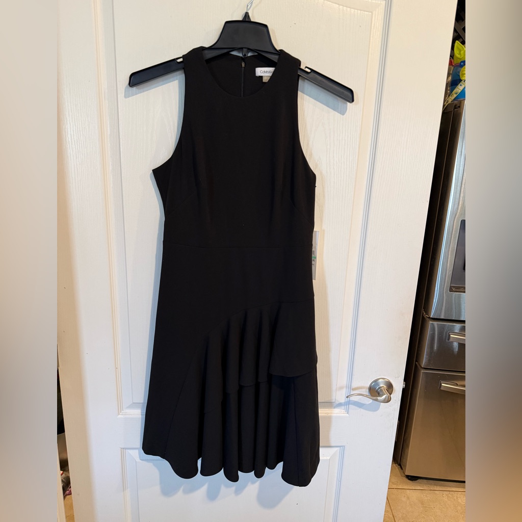 Calvin Klein Black Sleeveless Cocktail Midi Dress Flounce Hem Sz 8 New W Tags